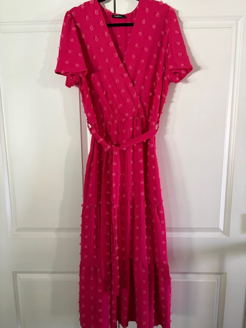 Textured Hot Pink Maxi Wrap Dress with Tie Waist